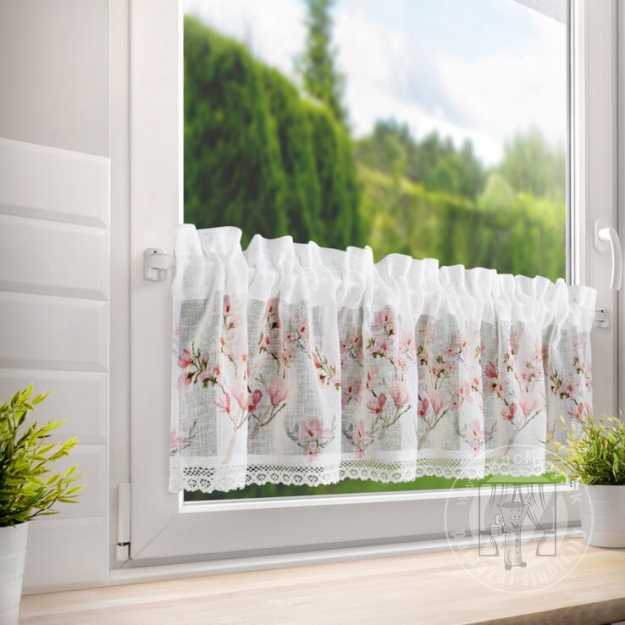 Vitrážová záclona AMELIA ružové kvety 150x30cm