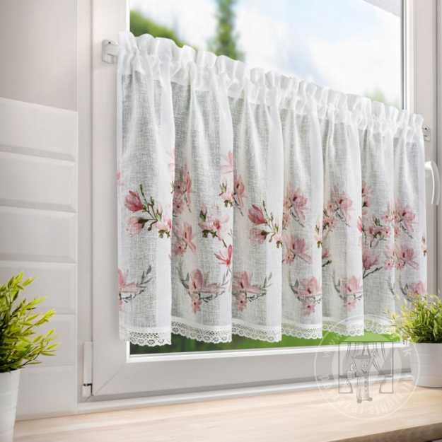 Vitrážová záclona AMELIA ružové kvety 150x60cm