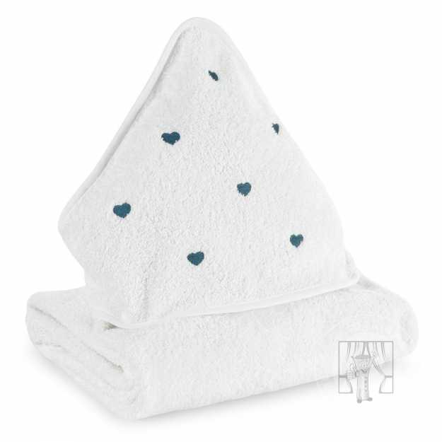 Detská osuška s kapucňou BABY 100x100cm biela s modrými srdiečkami