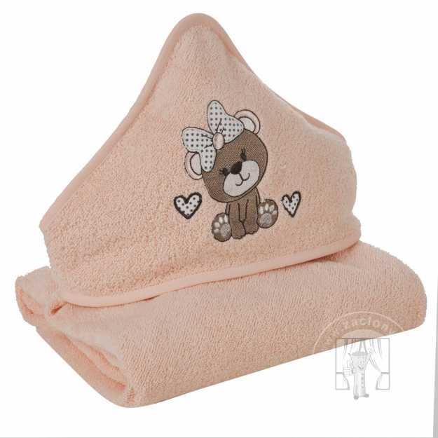 Detská osuška s kapucňou BABY 100x100cm broskyňová s medvedíkom