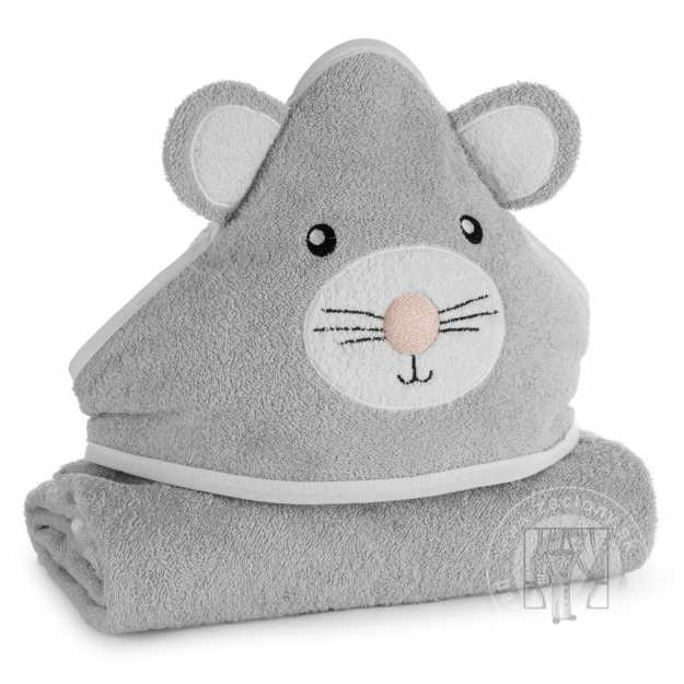 Detská osuška s kapucňou BABY 100x100cm sivá s myškou