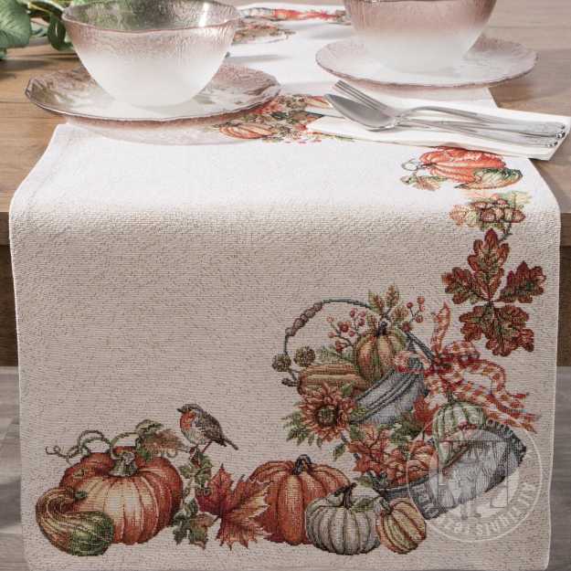 Gobelínový obrus 45x140cm s tekvicami a vtáčikmi