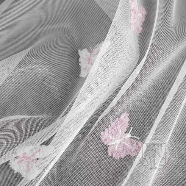  Záclona metráž 18706 biela/ružová s motýlikmi 300cm