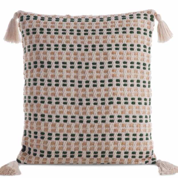 Obliečka na vankúš BOHO so strapcami 45x45cm prírodná/zelená