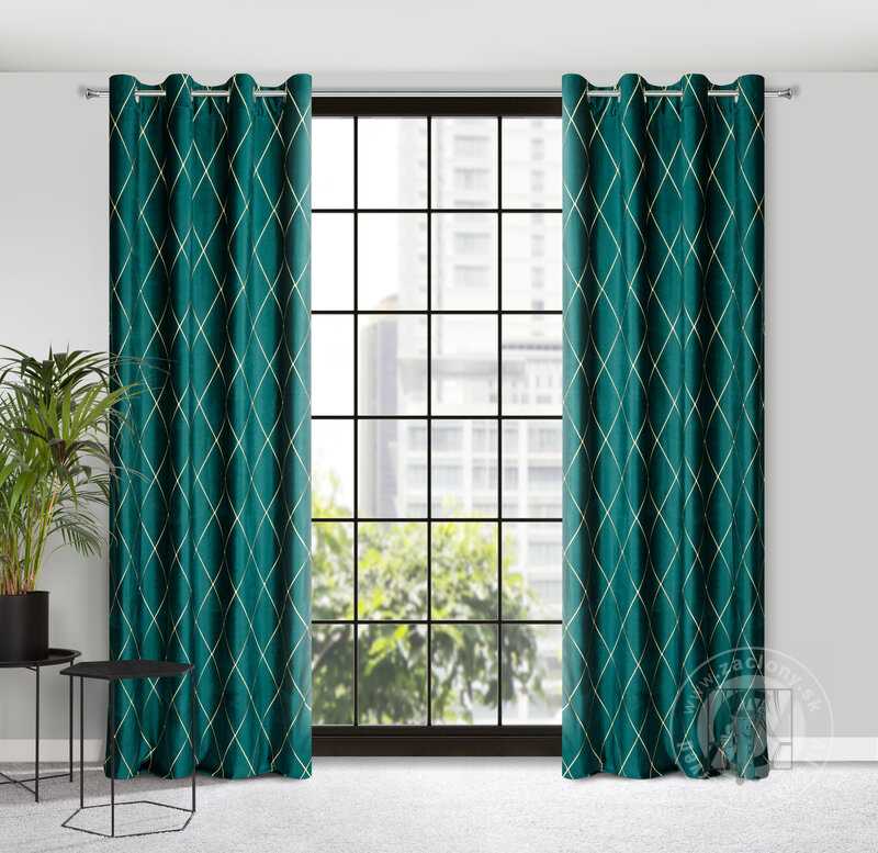 Záves PIERRE CARDIN MARGO na krúžkoch tmavý tyrkysový/zlatý 140x250cm