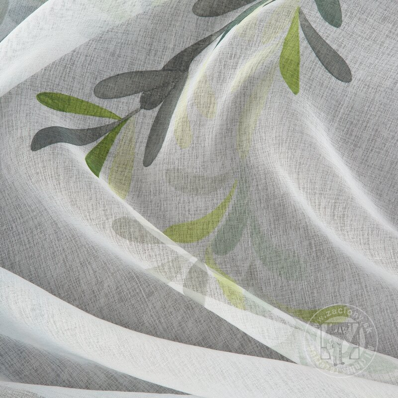 Záclona LEA na krúžkoch biely/zelené lístky 140x250cm