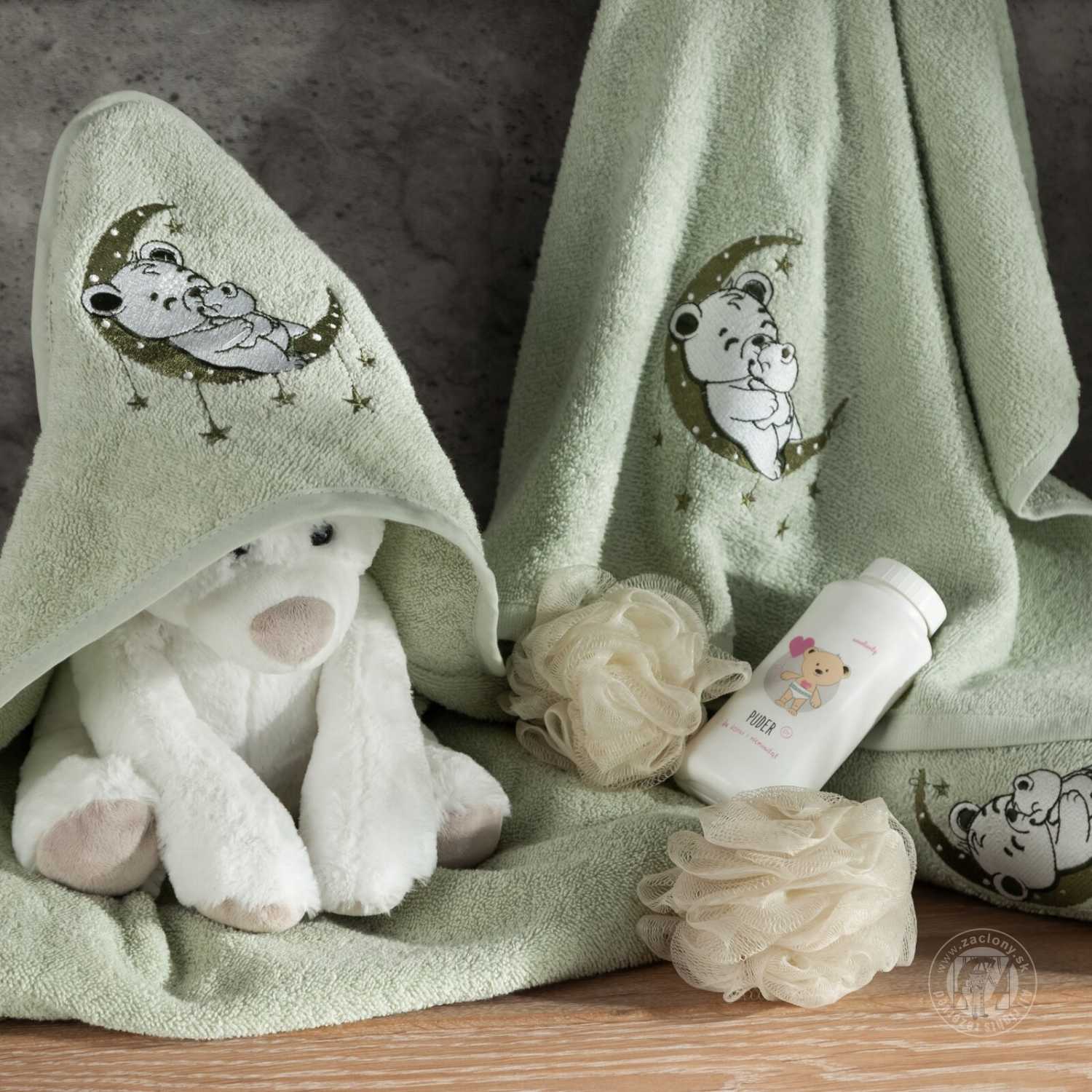 Detská osuška s kapucňou BABY 100x100cm zelená s medvedíkom