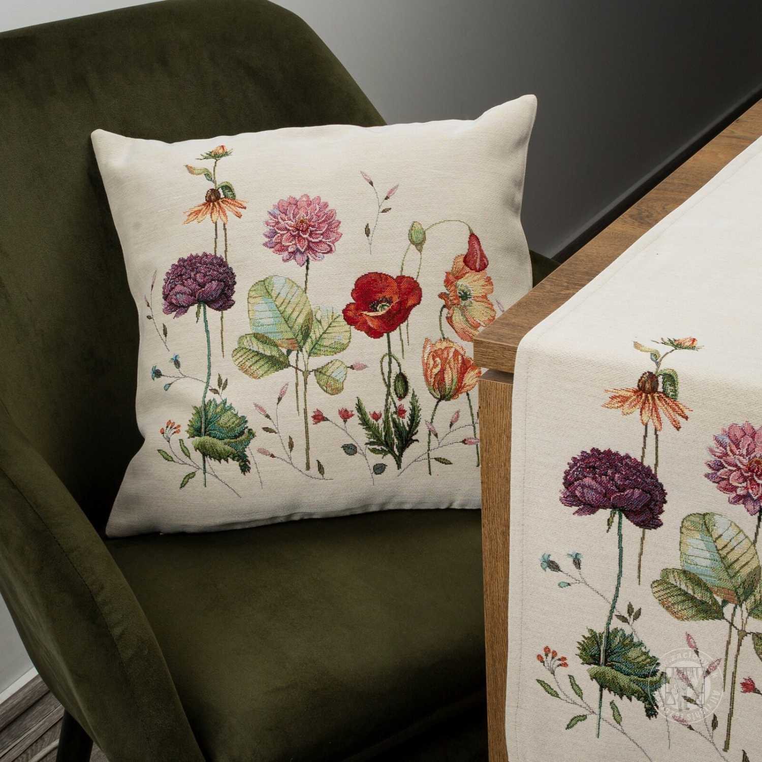 Gobelínová obliečka na vankúš 45x45cm naturálna s letnými kvetmi