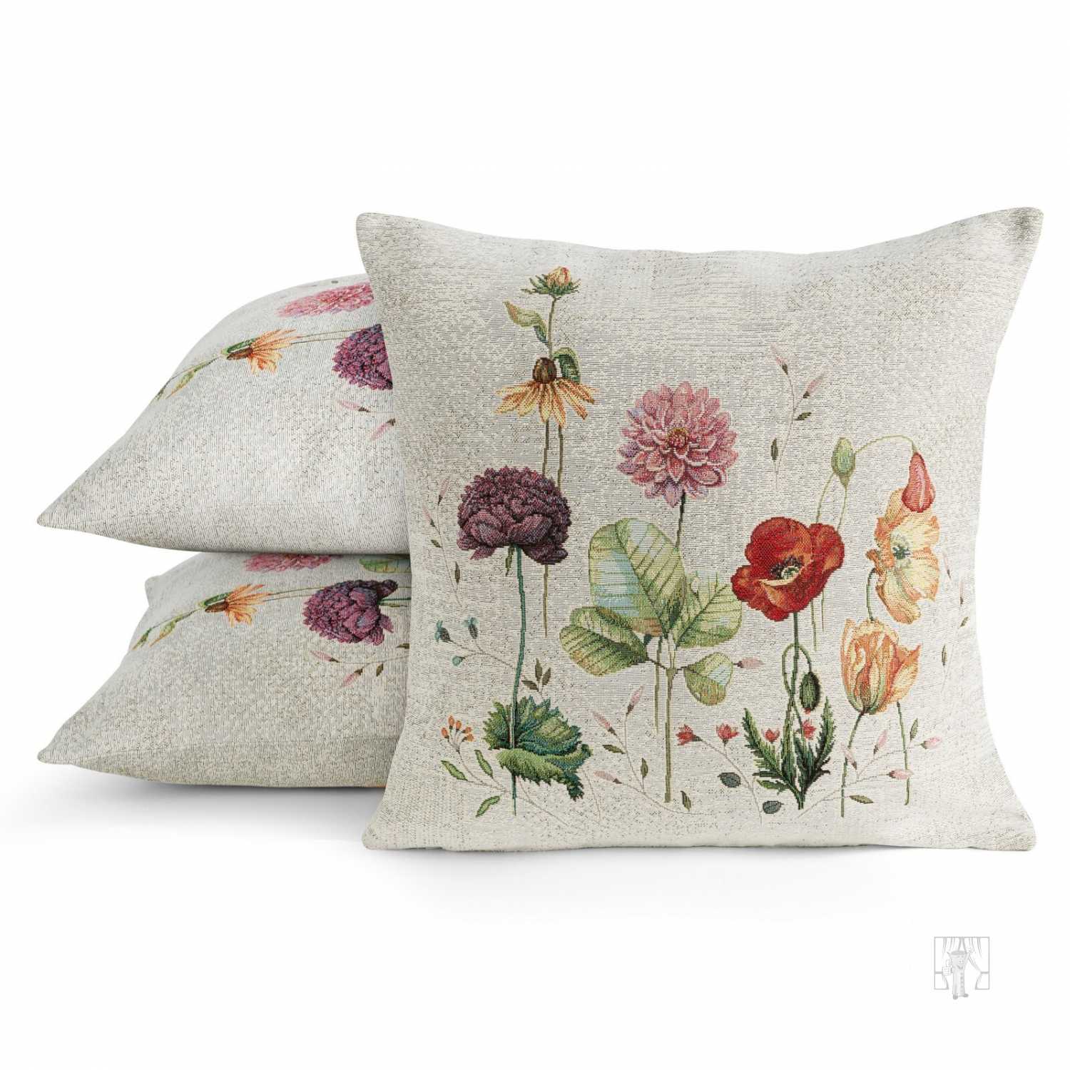 Gobelínová obliečka na vankúš 45x45cm sivobéžová s letnými kvetmi