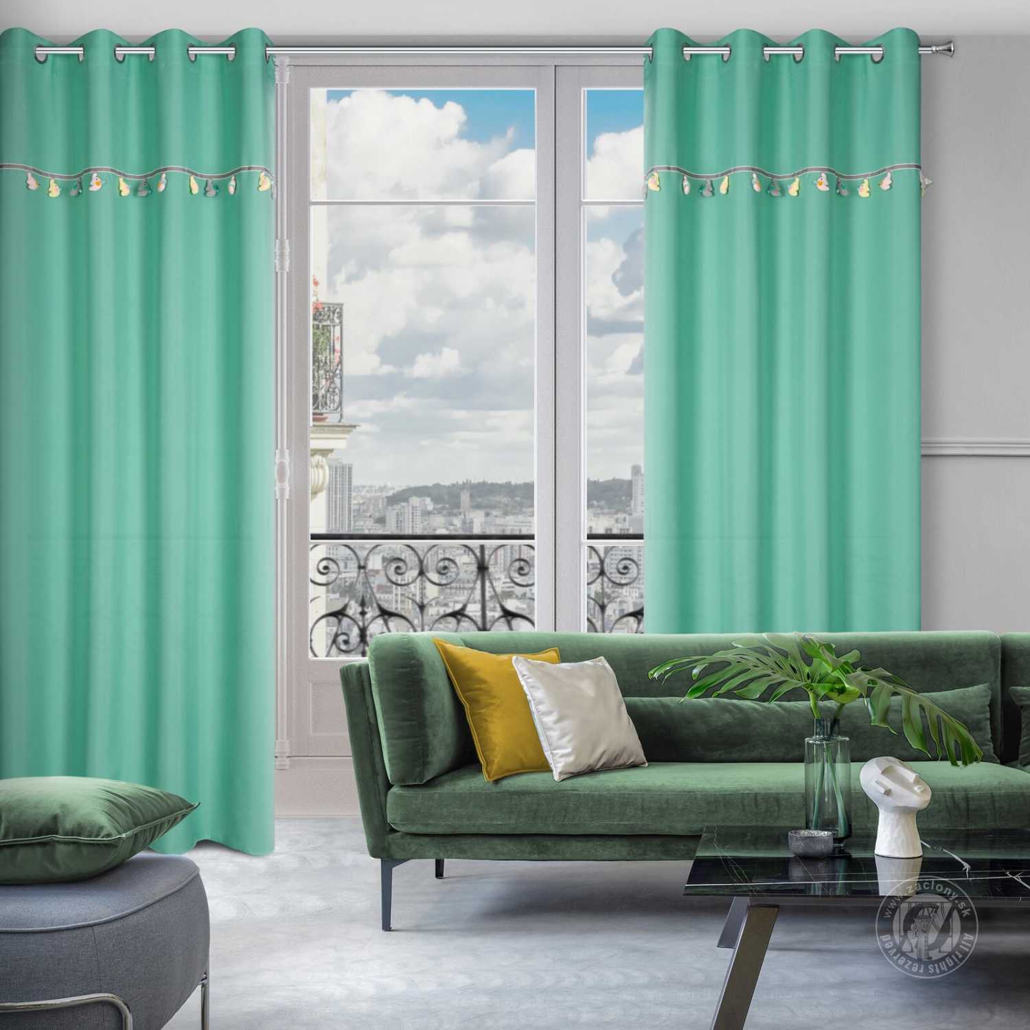 Záves KIDS na krúžkoch 140x250cm mätový so sloníkmi