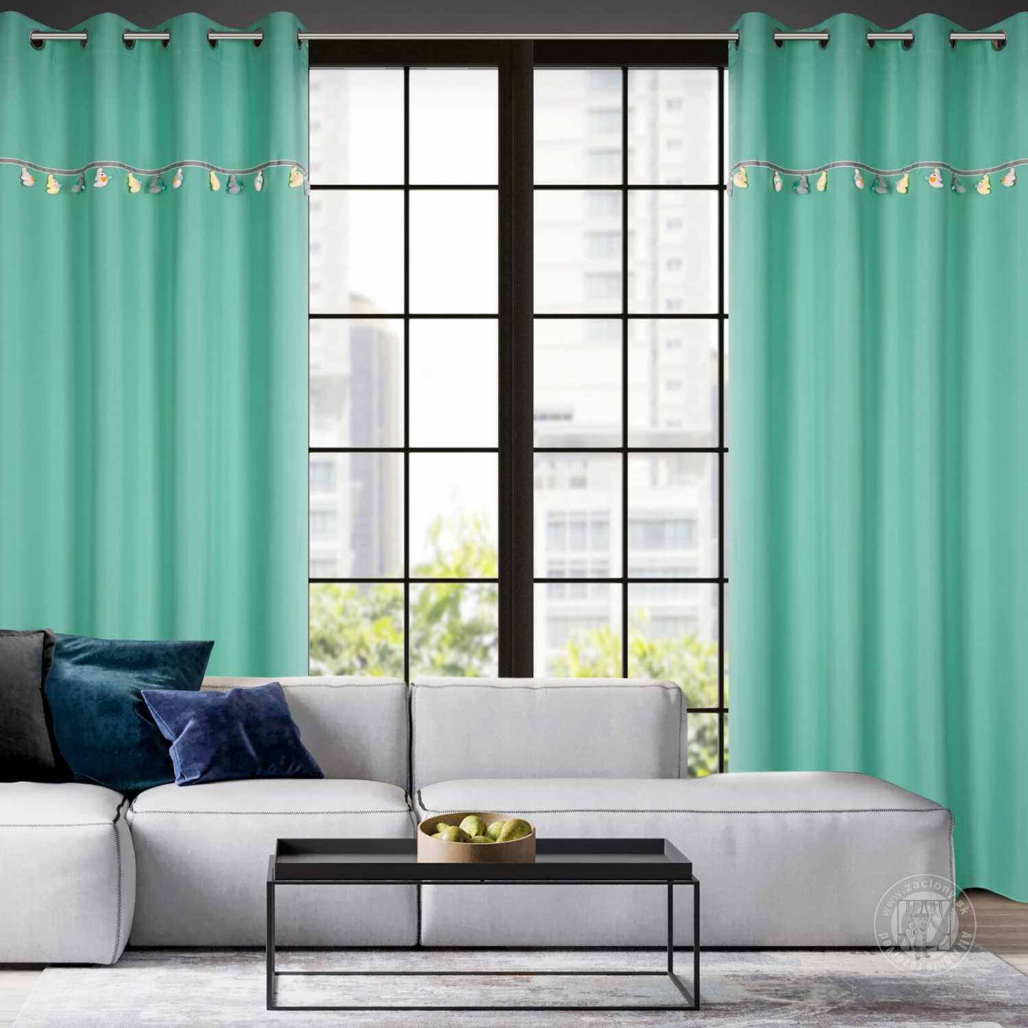 Záves KIDS na krúžkoch 140x250cm mätový so sloníkmi