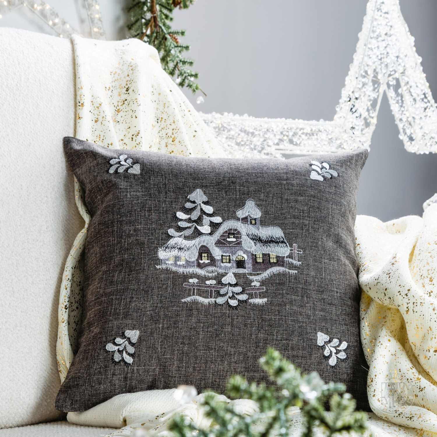 Vianočná obliečka na vankúš ZIMNÁ KRAJINA 45x45cm oceľová/strieborná