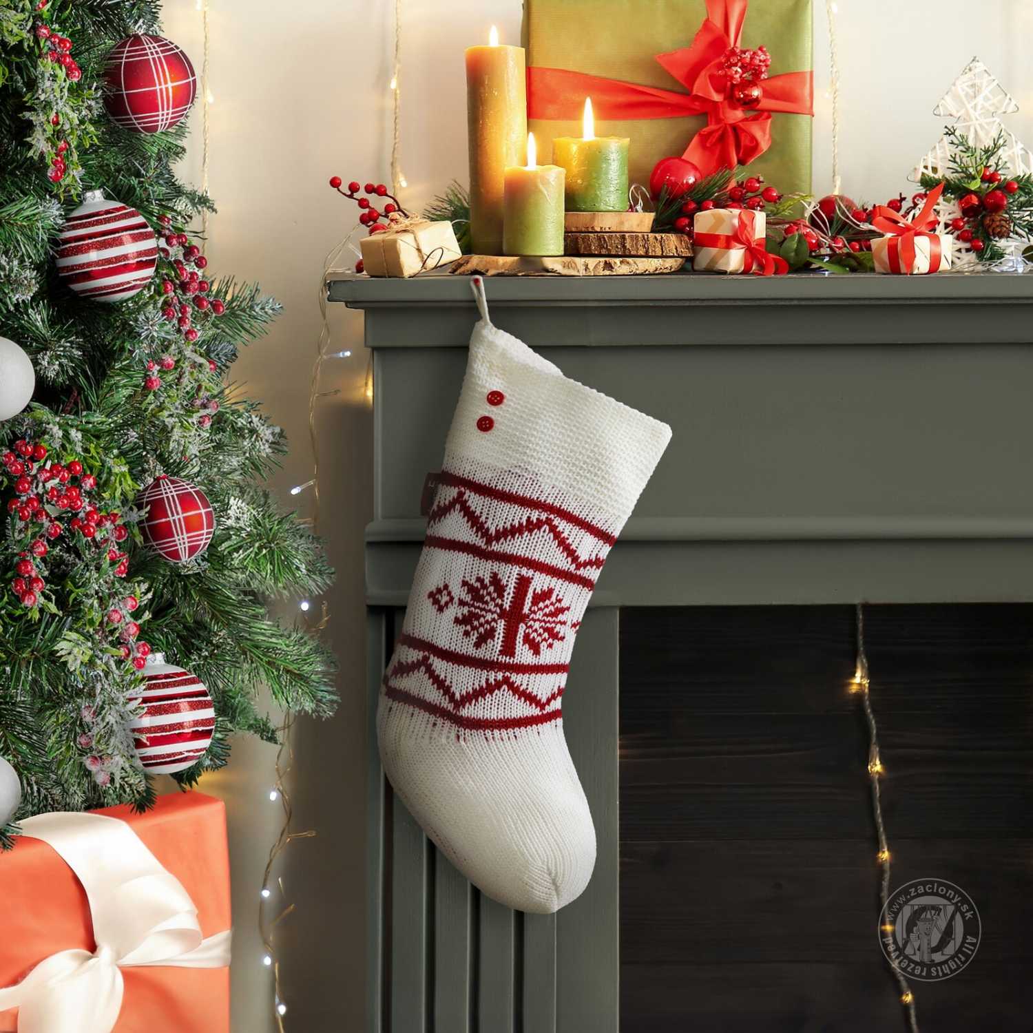 Vianočná ponožka so vzorom 25x50cm biela/červená