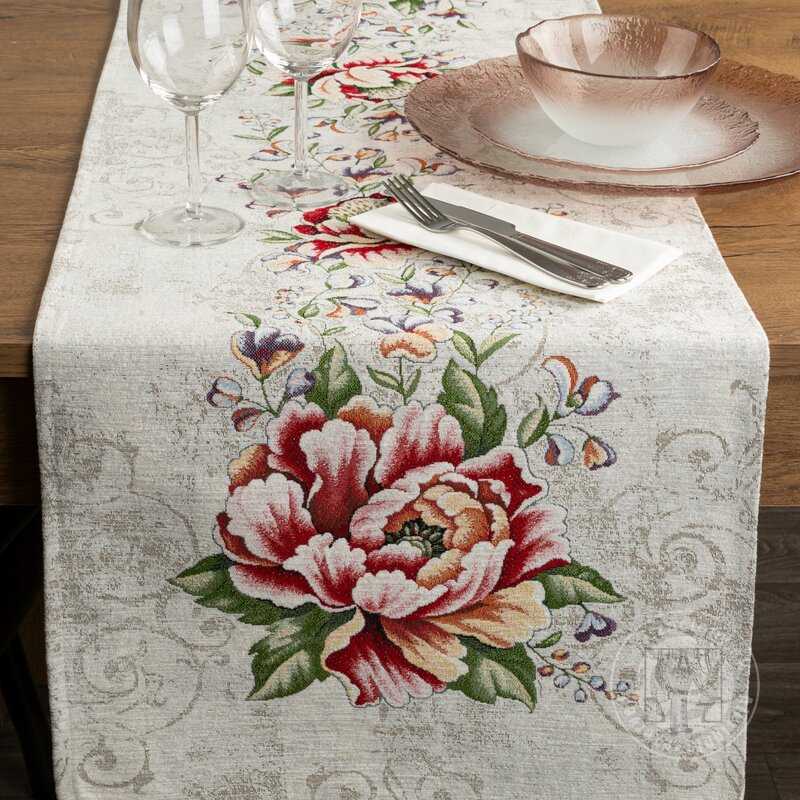 Gobelínový behúň na stôl CZE so ženilkovou niťou a kvetinovým vzorom