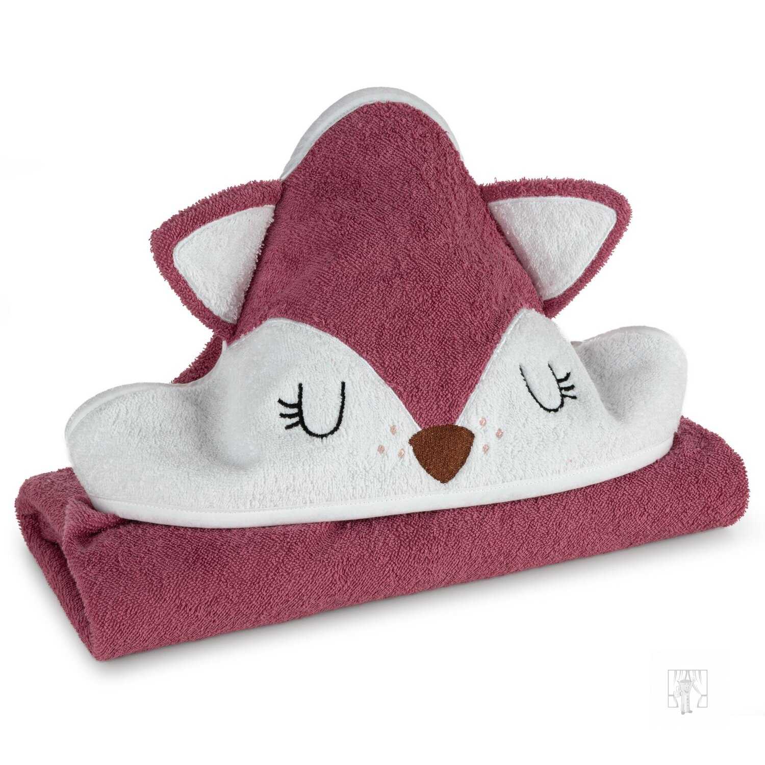 Detská osuška s kapucňou BABY 100x100cm tmavoružová s líškou