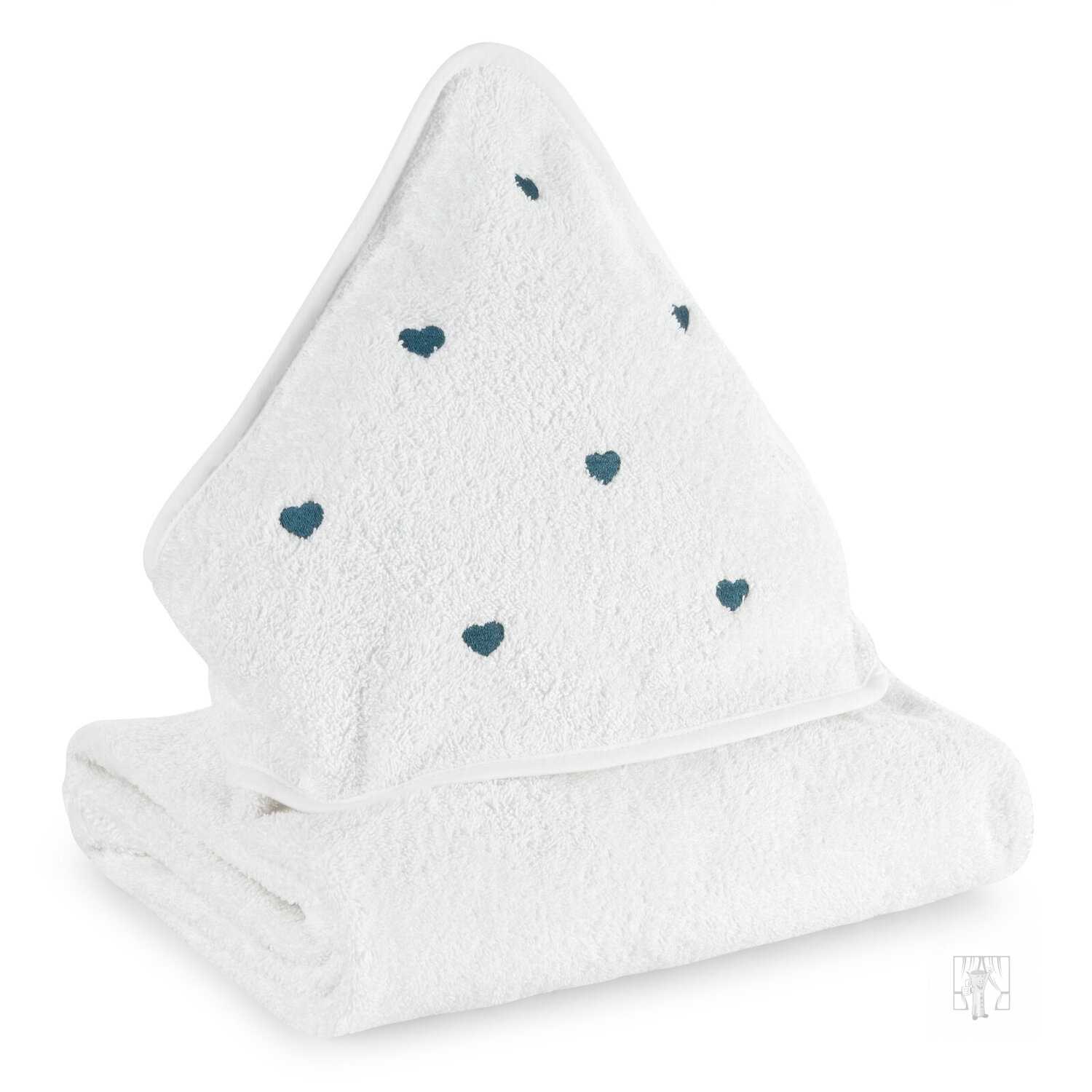 Detská osuška s kapucňou BABY 100x100cm biela s modrými srdiečkami
