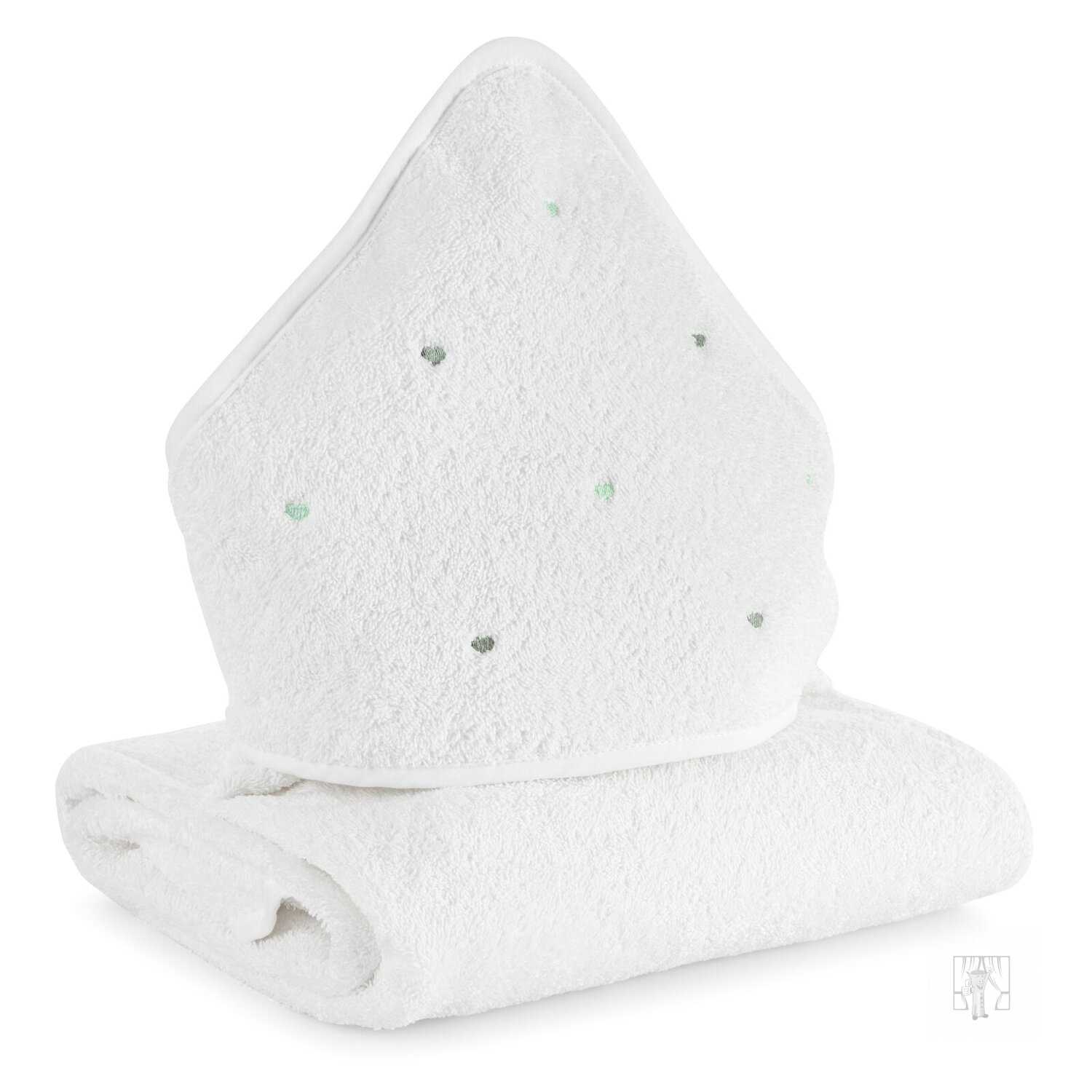 Detská osuška s kapucňou BABY 100x100cm biela so zelenými srdiečkami