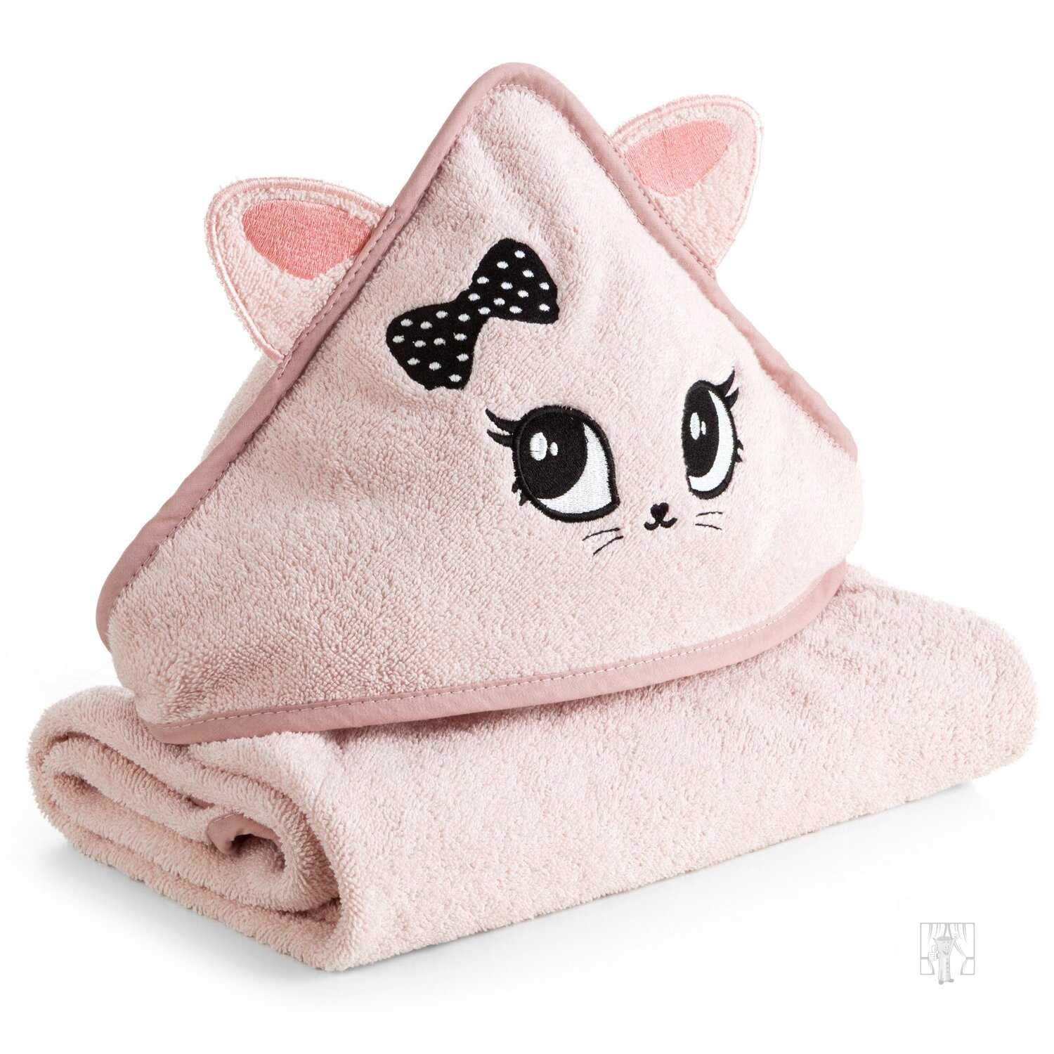 Detská osuška s kapucňou BABY 100x100cm ružová s mačiatkom