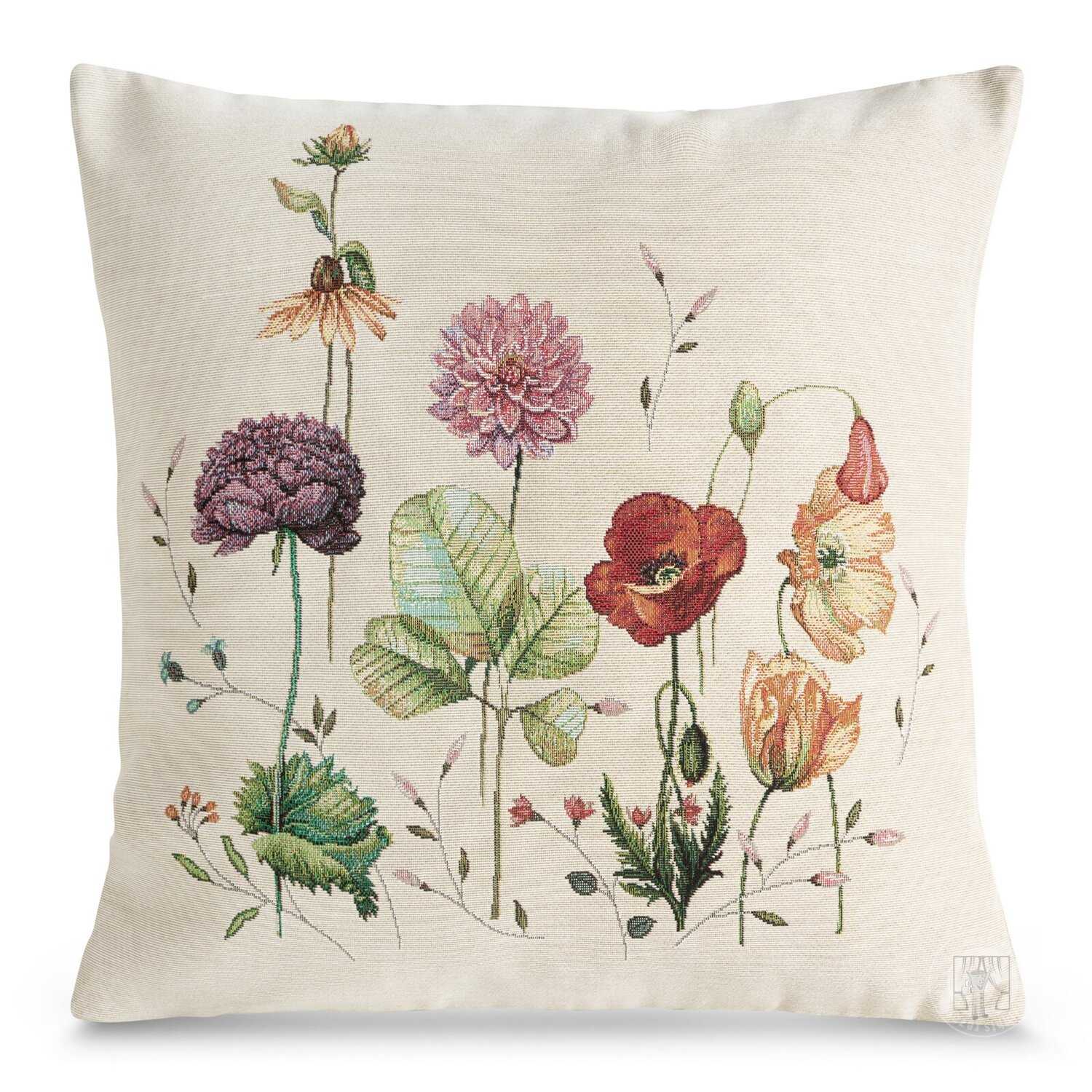 Gobelínová obliečka na vankúš 45x45cm naturálna s letnými kvetmi