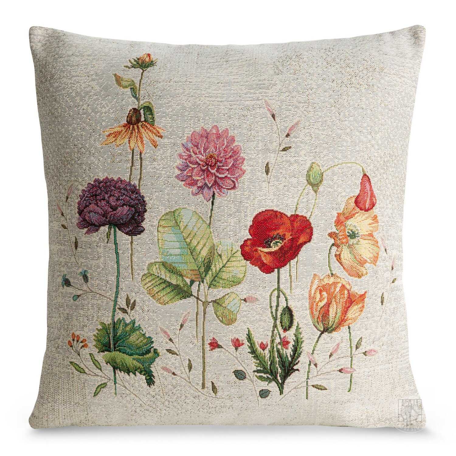 Gobelínová obliečka na vankúš 45x45cm sivobéžová s letnými kvetmi