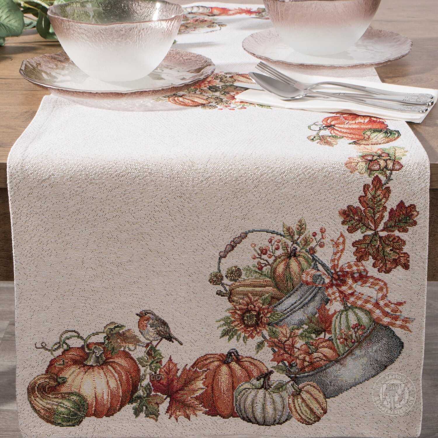 Gobelínový obrus 40x100cm s tekvicami a vtáčikmi