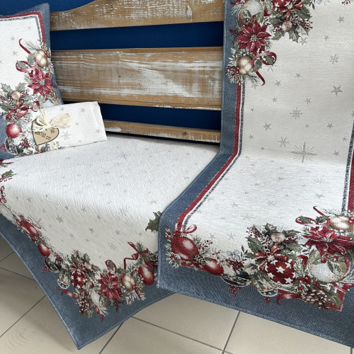 Vianočný gobelínový obrus EDEN 4111 modrý so striebornou niťou 40x100